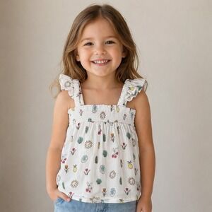 Finding Foxtale Tank Top White Fruit Sun Print Ruffle Smocked Boho Kids Size 4